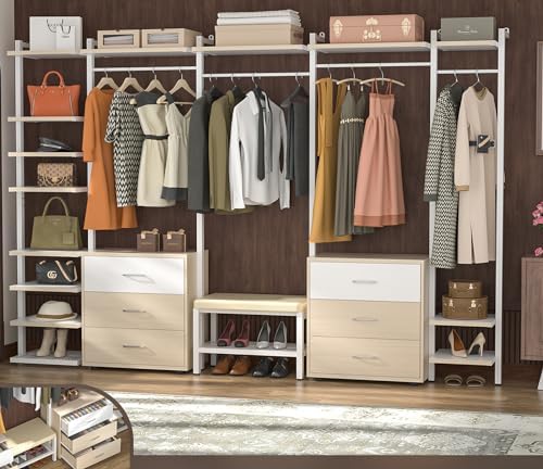 Aheaplus Closet System with 6 Drawers, 8FT Wood & Metal Closet Organizer