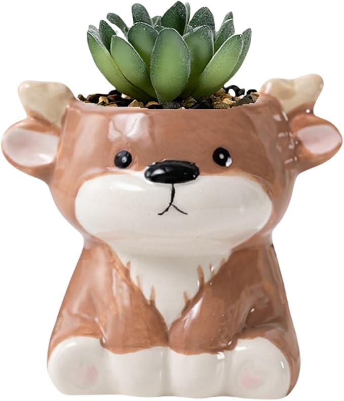 Cute Animal Ceramic Succulent Planters, Small Bonsai Planter, Aloe Cactus Succulent Plant Pots with Drainage Indoor Outdoor Use for Office Home Garden Decoration, Plants Not Included (Deer)