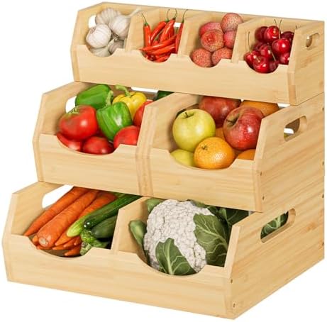 Upgraded 3-Tier Bamboo Pantry Storage Bins, Ventilated Stackable Potato & Onion Organizer w/ Spice Tray & 3 Veggies Baskets for Kitchen, Pantry, Bathroom & Living Room