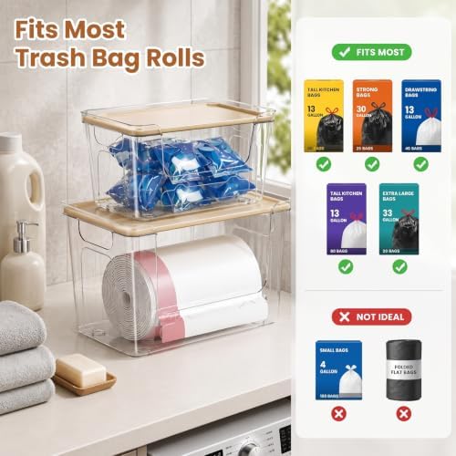 Trash Bag Dispenser, 6 Pack, 3 Large and 3 Small Clear PET Bins