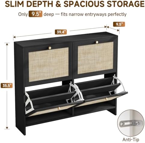 Nicetree Shoe Cabinet Storage for Entryway, 4-Flip Drawer Narrow Shoe Rack, Organic Modern Rattan Shoe Organizer, Shoe Organizer Fits Men's Size 13.5, Midnight Charcoal