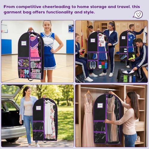 Dance Garment Bags with 3 Clear Zipper Pockets, Cheer Garment Bags for Cheerleading Uniform, 40" Garment Bags for Hanging Clothes, Suits, Travel & Sports Jersey, Cheer Uniform (Purple, 1Pack 40")