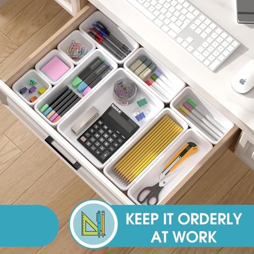 33 PCS Drawer Organizer Set, 4 Size Makeup Drawer Divider Organizer With Non-Slip Pads, Interlocking Plastic Storage Bins for Office,Jewelry Vanity,Gadgets, Bathroom,Kitchen, White