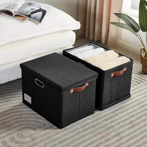 Roobyl 17" Large Fabric Storage Box with Lids, 3-Pack, Black