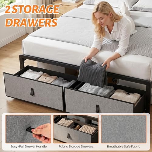Queen Bed Frame with 2 Storage Drawers & Charging Station, Headboard, Grey