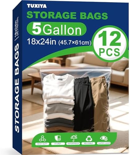 TUXIYA 12PACK 5 Gallon Large Zipper Bags for Storage 18" x 24" Storage Bags