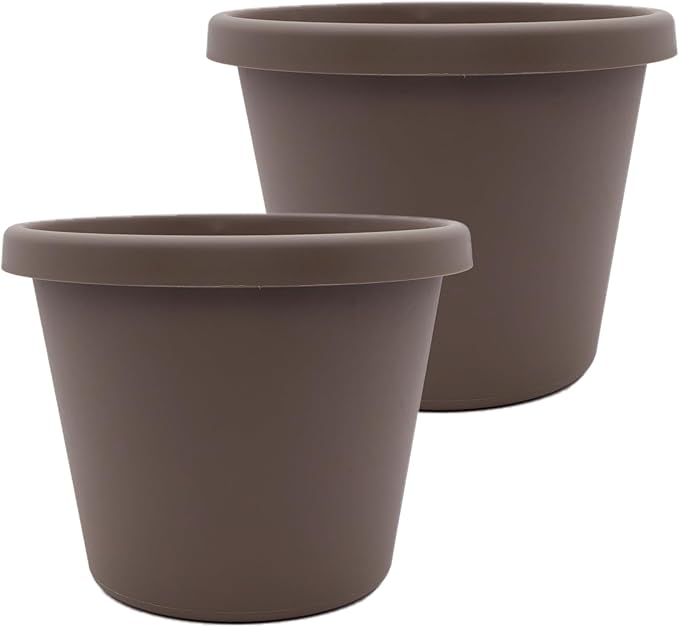 The HC Companies 20 Inch Prima Round Planter Pots with Drainage Holes and Rolled Rim, Lightweight UV-Resistant Plastic Indoor & Outdoor Planters, 2-Pack Flower Pots for Garden & Home Decor, Cappuccino