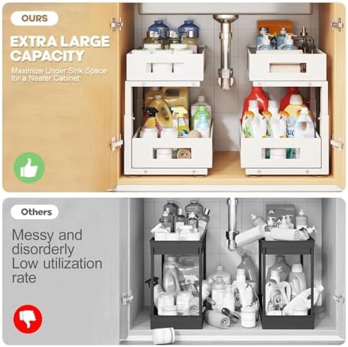 Under Sink Organizer, 2-Tier Dual Pull Out Cabinet Organizer Drawers With Smooth Circular Rail, Large Capacity Metal Mesh Sliding Shelves For Bathroom& Kitchen Storage,Height Adjustable–White,2 Packs