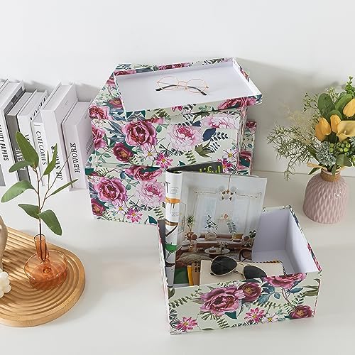 Soul & Lane - Floral Luxe Decorative Storage Boxes with Lids, Set of 3 | Large and Medium Nesting Cardboard Keepsake Boxes for Memories and Gifts, Pink Flower Containers for Home Decor
