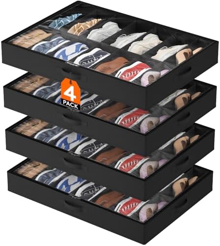 Lifewit Under Bed Shoe Storage Organizer 4 Pack(14 Shoes Cells), 4.3 Inches Tall Low Profile Fabric Shoes Container Box with Clear Cover, Foldable Storage Bag with 2 Handles, Fits 28 to 56 Pairs
