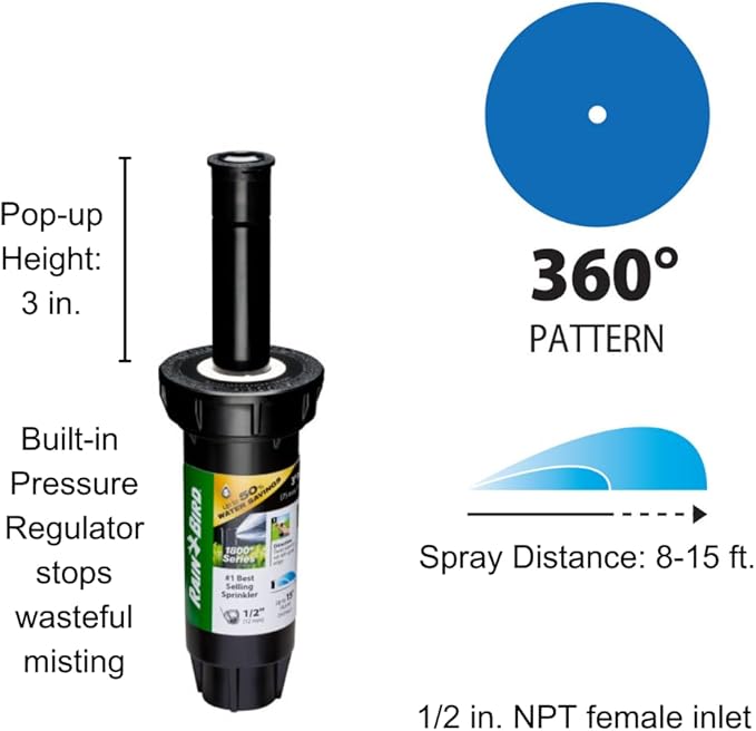Rain Bird 1803DSFPRS Pressure Regulating (PRS) Professional Dual Spray Pop-Up Sprinkler, 360° Full Circle Pattern, 8' - 15' Spray Distance, 3" Pop-up Height