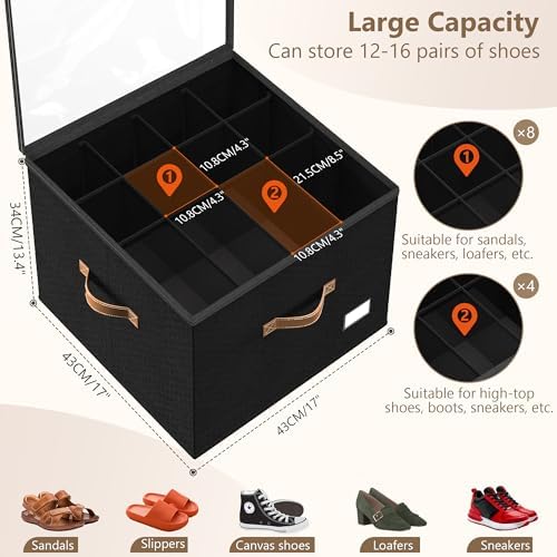 Vincona Shoe Organizer for Closet, 2 Pack Foldable Shoe Storage Bins with Clear Cover & Handles, 16-Compartment Shoe Box for Sneakers, Heels, Boots, Space-Saving Shoe Rack for Entryway, Dorm, RV