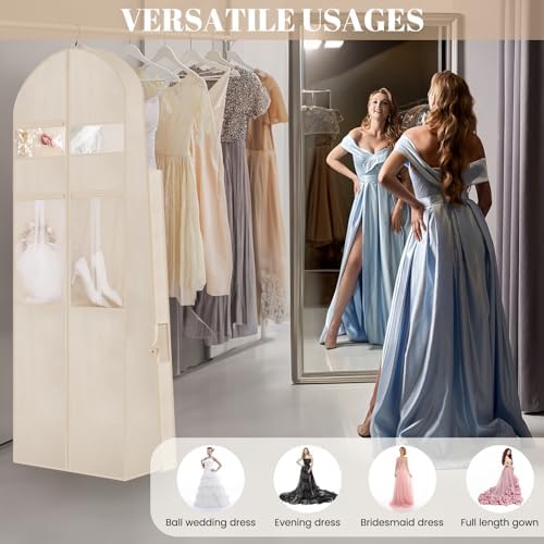 Wedding Dress Garment Bag,72" Tri-Fold Bridal Gown Bag with 12 Pouches and Adjustable Buckle Gown Cover for Wedding/Prom/Travel/Closet Storage (2pcs Beige)