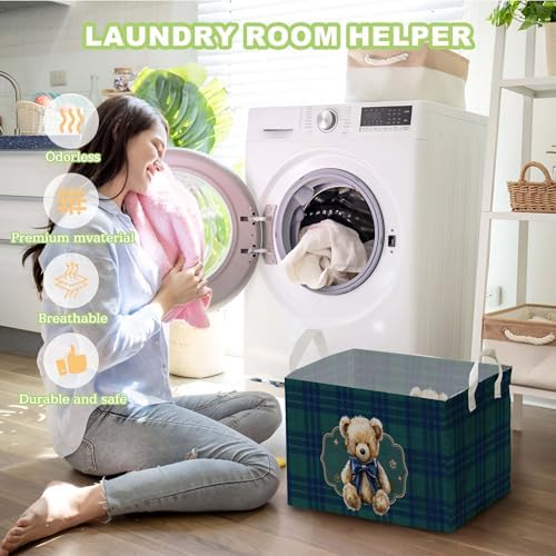 Teddy Bear Baby Shower Decorations,Teddy Bear Storage Baskets,Bear Nursery Decor,Large Square Canvas Laundry Hamper With A Waterproof PE Coating,Foldable Kids Toy Clothes Bins for Bedroom