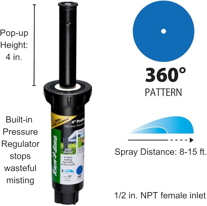 Rain Bird 1804FDSP25 Pressure Regulating (PRS) Professional Dual Spray Pop-Up Sprinkler, 360° Full Circle Pattern, 8' - 15' Spray Distance, 4" Pop-up Height