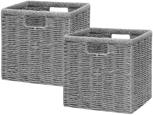 Vagusicc 9 inch Wicker Storage Cubes, Set of 2 Handwoven Wicker Baskets for Storage, Square Cube Organizer Bins, Foldable Paper Rope Storage Baskets for Organizing, Grey