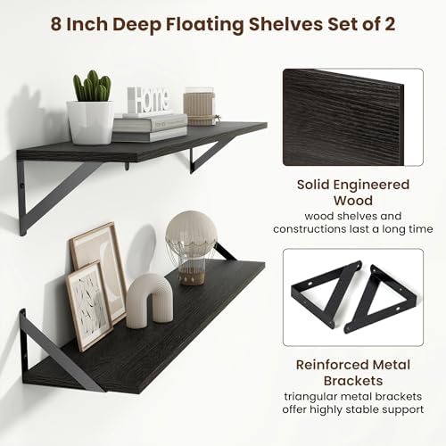 Axeman 36 Inch Floating Shelves, 8 Inch Deep Black Wall Shelves Set of 2