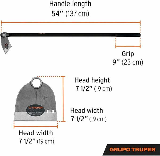 Truper Lane Hoe No. 1, 54-Inch Fiberglass Handle, 7 1/2-Inch x 7 1/2-Inch Forged Head, 1.8 lb Head Weight, Agricultural & Garden Soil Preparation Tool (Model 10615)