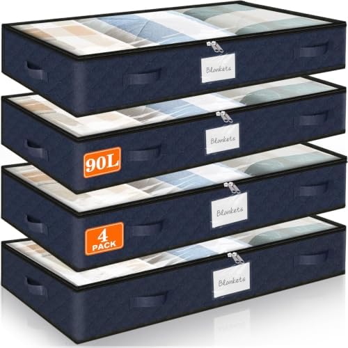 90L Under Bed Storage Containers, Storage Bags, Organizers, 4-Pack, Blue