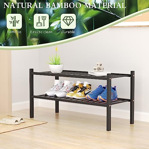 ROMGUAR CRAFT 2 Tier Bamboo Shoe Rack for Closet Free Standing Wood Shoe Shelf for Entryway Small Space Stackable 27"x11"x13" (Black)