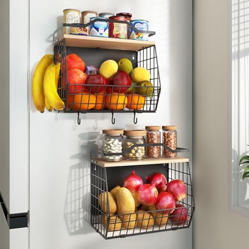 Wawocs Magnetic Shelf for Fridge with Wood Lid, 2 Tier Fruit Baskets Wall Mounted Hanging Basket with 4 Hanger Hooks, Potato and Onion Magnetic Storage Bins for Kitchen Counter, Refrigerator, Cabinet
