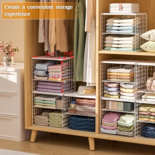 4-Tier Stackable Closet Organizers and Storage Shelves, Closet Storage Basket with Wood Tops, Adjustable Height Dividers Closet Storage Bins for Home Closet Organizer System, White (15.7"x11.8"x15.7")
