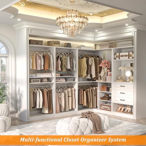 Unikito 86" Corner Closet System Organizer with Drawers & Mirror, White