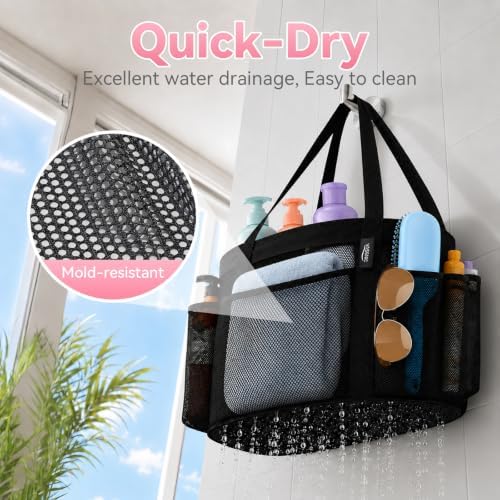 YASONIC Double Handles Mesh Shower Caddy Portable for College Dorm Essentials, 8 Pockets Large Capacity Shower Organizer for Girls, Quick-Dry Hanging Toiletry Bag for Bathroom Travel, Black