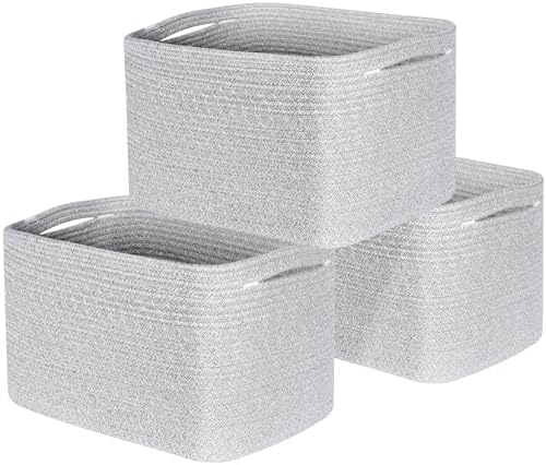 MINTWOOD Design 3-Pack Decorative Woven Storage Baskets for Shelves, Cube Bin Box for Organizing Books, Shoes, Dog Toys, Pantry Closet and Living Room Organizer, Light Gray Mix