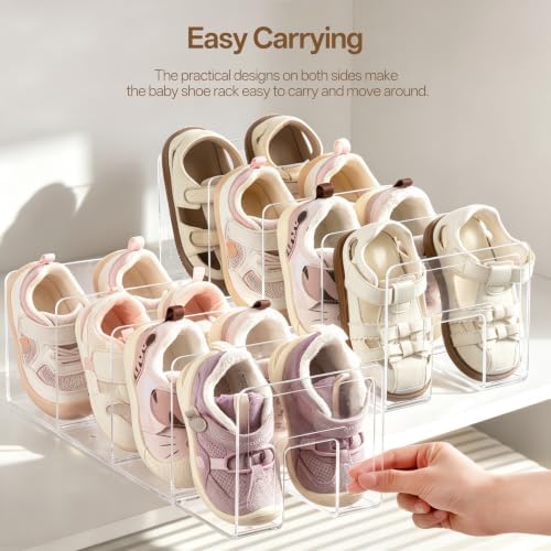HBlife Widened 3.94 Inch Clear Acrylic Kids Shoe Rack for Closet Organizers and Storage, Small Shoe Rack 4 Sections Toddler Baby Shoe Storage Organizer Shelf, Desk File Book Purse Organizer (2 Pack)