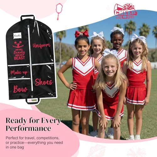 DEEKA 3 Pack Cheer Garment Bag for Hanging Clothes with Zipper Pockets Cheer Accessories Mom Essentials Uniform Costume 40 Inch Black Bags Stuff for Cheerleading Girls (Black,Red-Cheer Quote)