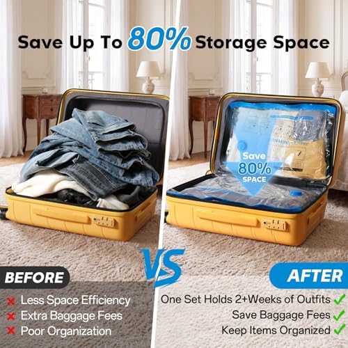 9 Pack Vacuum Storage Bags for Travel with Rechargeable Cordless Pump, Space Saver Bags for Clothes, Compression Packing Bags for Luggage and Suitcase, Blue