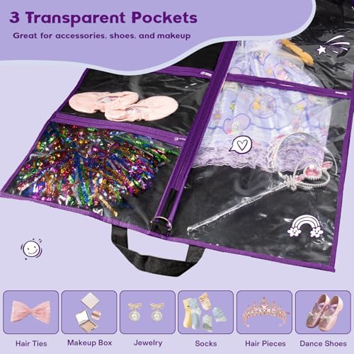 Dance Garment Bags with 3 Clear Zipper Pockets, Cheer Garment Bags for Cheerleading Uniform, 40" Garment Bags for Hanging Clothes, Suits, Travel & Sports Jersey, Cheer Uniform (Purple, 1Pack 40")
