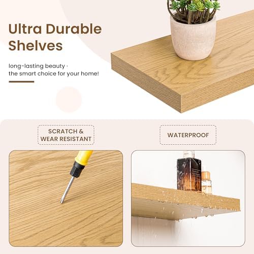 48in Floating Shelves for Wall, 48"W x 9.25"D x 1.25"H, 2 Pack Long Wall Mounted Engineered Wood Shelves with Invisible Brackets for Living Room, Bedroom, Bathroom, Kitchen Decor and Storage, Oak