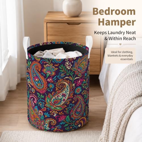 Purple Paisley Laundry Basket, Vintage Boho Colorful Ethnic Mandala Floral Waterproof Laundry Hamper Clothes Toys Storage Organizer Bin for Bathroom Bedroom