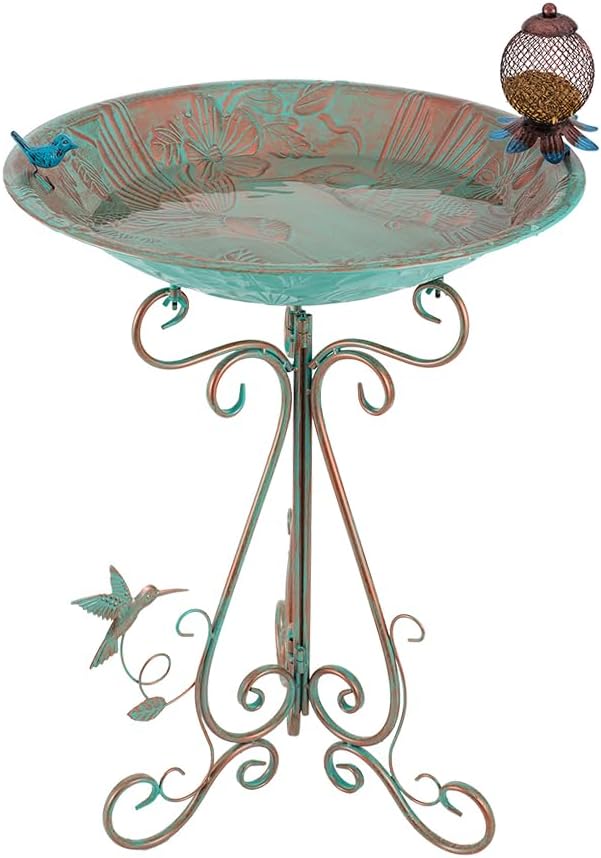 VEWOGARDEN Large Metal Bird Bath for Outside Garden Standing Birdbath with Feeder for Outdoors Yard Patio Lawn Decoration, Light Green