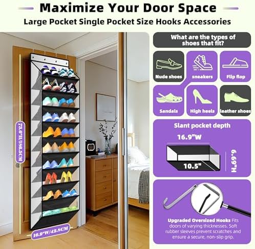 PAULONE 10-Pocket Multi-Use Over the Door Organizer, Heavy Duty 95lbs Capacity with Breathable Mesh, Versatile Hanging Storage for Shoes, Toys, Office Supplies-Classic (Piano Gloss Black, 10-Shelf,)