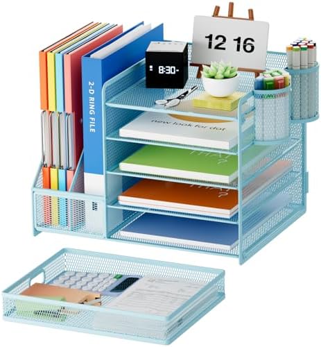 Marbrasse Desk Organizer with File Holder, 5-Tier Paper Letter Tray Organizer with Drawer and 2 Pen Holder, Mesh Desktop Organizer and Storage with Magazine Holder for Office Supplies(Blue)