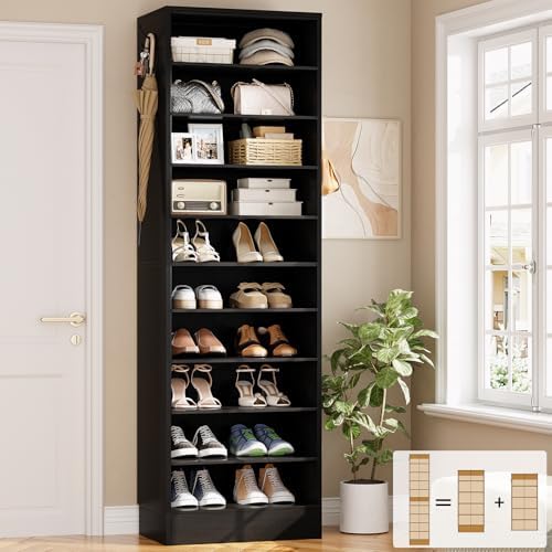 Aheaplus 10 Tiers Narrow Wood Shoe Rack, Tall Shoe Storage Cabinet, Black
