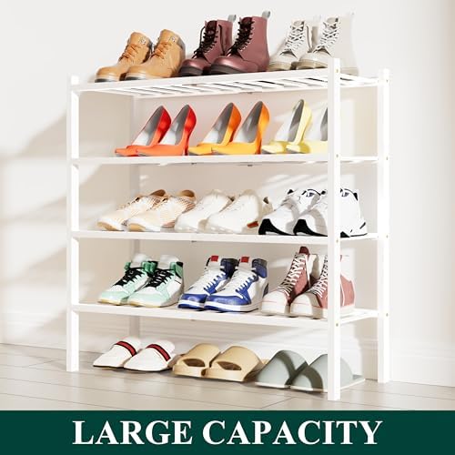 Smiry Bamboo Shoe Rack, 12 Vertical Slats, 4 Tier - 26.8" Wide, White