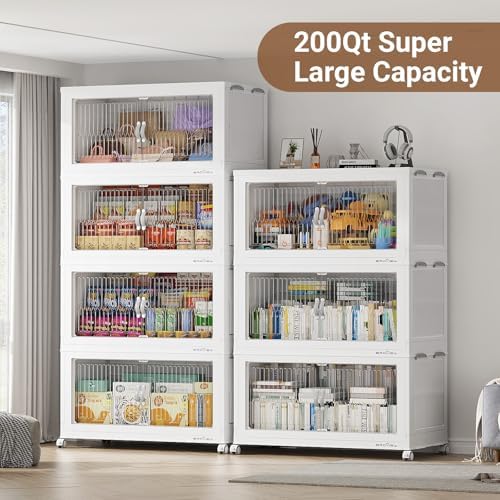 BROVIEW 600Qt Extra Large Stackable Storage Bins with Lid & Wheels, Plastic Collapsible Closet Organizers and Storage Drawers for Clothes | Foldable Storage Cabinet Container for Kitchen 3Pack White
