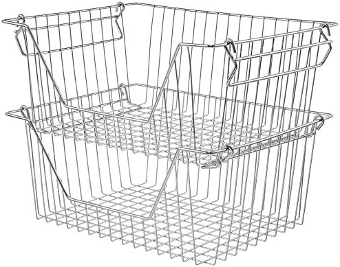Stackable Wire Metal Baskets Fruit Vegetable Organization Pantry Cabinet Metal Bin Large Basket Shelves Storage for Kitchen Freezer, Set of 2