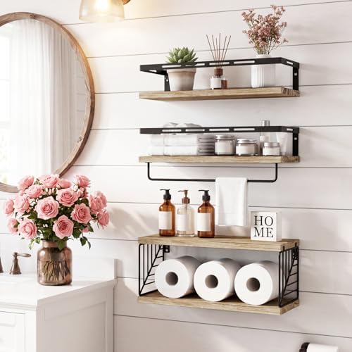 Fixwal Wall Mounted Bathroom Shelves Over Toilet (3+1 Light Brown) | Wall Shelf with Basket Storage , Towel Bar, Solid Wood, 22Lb Capacity, Easy DIY Install