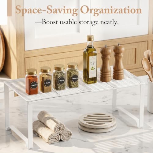 Extendable Metal Wire Shelf Organizer - Adjustable 15-24.4in Length, Stackable Storage Rack for Kitchen/Pantry/Bathroom/Shoe Cabinet/Tool Closet (1, White)