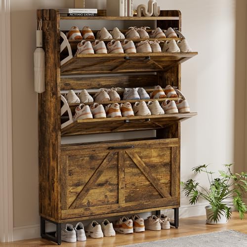 EOYUTLLY Shoe Cabinet Storage for Entryway, Narrow Shoe Rack with 3 Flip Drawers, Freestanding Hidden Shoe Rack Storage Organizer, Slim Shoe Cabinet Rustic Brown with Metal Legs