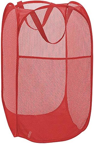 Larpur Popup Mesh Laundry Basket, Collapsible and Portable Clothes Washing Laundry Hamper with Reinforced Carry Handle (Red)