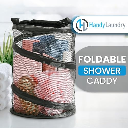 Handy Laundry Foldable Shower Caddy - Collapsible, Portable, Drainage Hole, Carry Handle, Large Compartments, Great Organizer for Camp, Travel, Gym, and Dorm (Black)