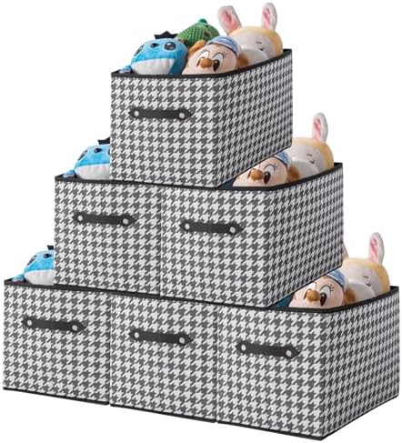 6 Pack Large Collapsible Storage Baskets for Shelves,14.9"x9.5" Fabric Closet storage Boxes with Leather Handles,Decorative Organizers Storage Bins for Clothes,Sheets,Toys,Books,(Houndstooth