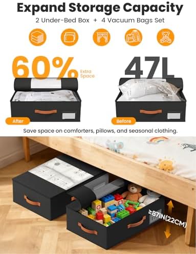 TOSKING 2-Pack Under Bed Storage Bins with Wheels, 4 Vacuum Bags, Heavy Duty 80 lbs, 7.9" Height, 47L Clear Lid Organizer, Space Saver for Dorm Bedroom Clothes Shoes Toys, Quick Assembly, Black