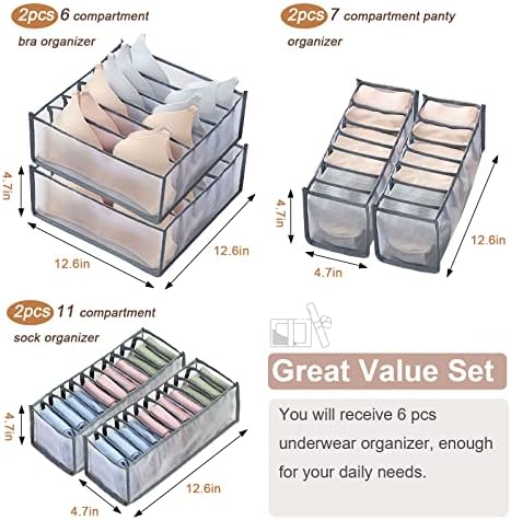 6 Pcs Underwear Drawer Organizer, Foldable Underwear Storage Divider Boxes 6/7/11 Cell Closet Clothing Organizers for Bras Panties Ties Socks Scarves Clothes